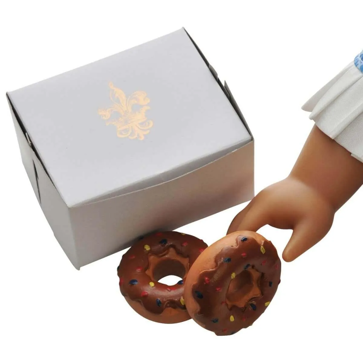 2 Chocolate Frosted Doughnuts with Bakery Box, Accessories for 18 Inch Dolls