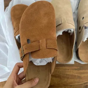 2023 Women's Closed Toe Slippers Cow Suede Leather Clogs Sandals For