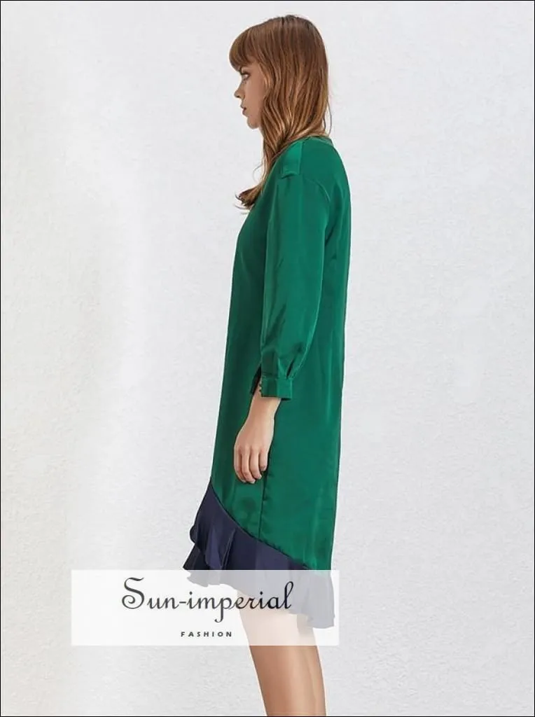 Abigail Dress - Casual V Neck Green Dress 7/8 Sleeve Ruffles Edges Knee Length Dress