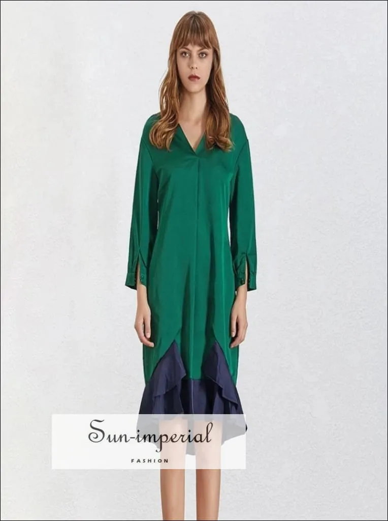 Abigail Dress - Casual V Neck Green Dress 7/8 Sleeve Ruffles Edges Knee Length Dress