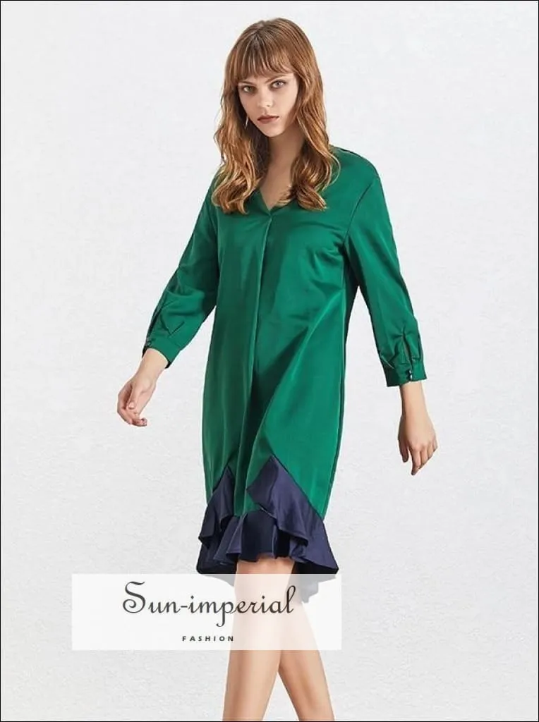 Abigail Dress - Casual V Neck Green Dress 7/8 Sleeve Ruffles Edges Knee Length Dress