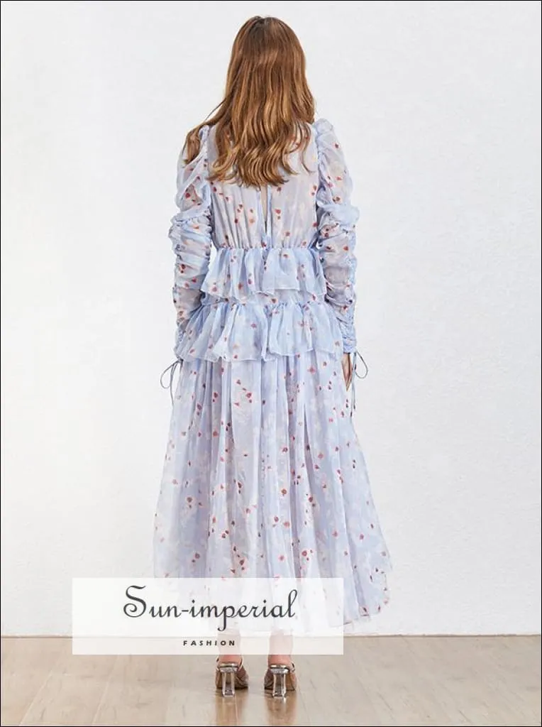 Angel Dress - Asymmetrical Lace Women Dress Stand Collar Long Sleeve Embroidery Print