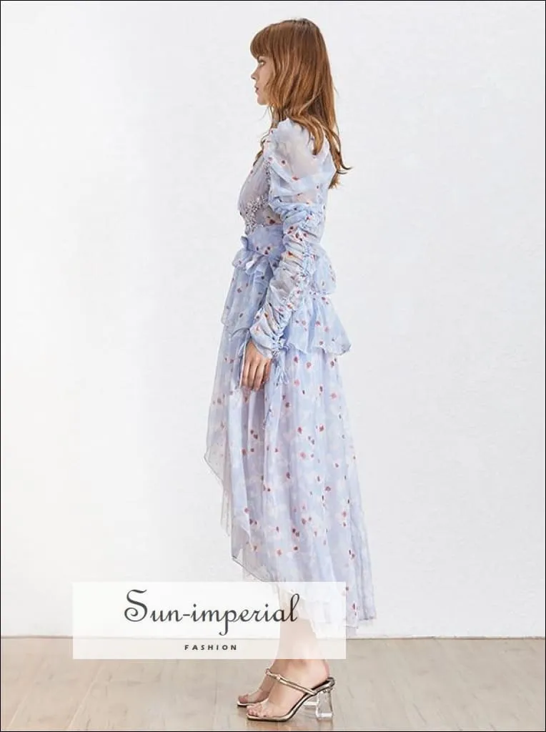 Angel Dress - Asymmetrical Lace Women Dress Stand Collar Long Sleeve Embroidery Print