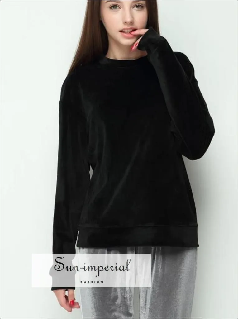 Autumn Fashion Women Neat Velvet Crewneck Sweatershirt Casual Long Sleeve Velvet Sweatshirt