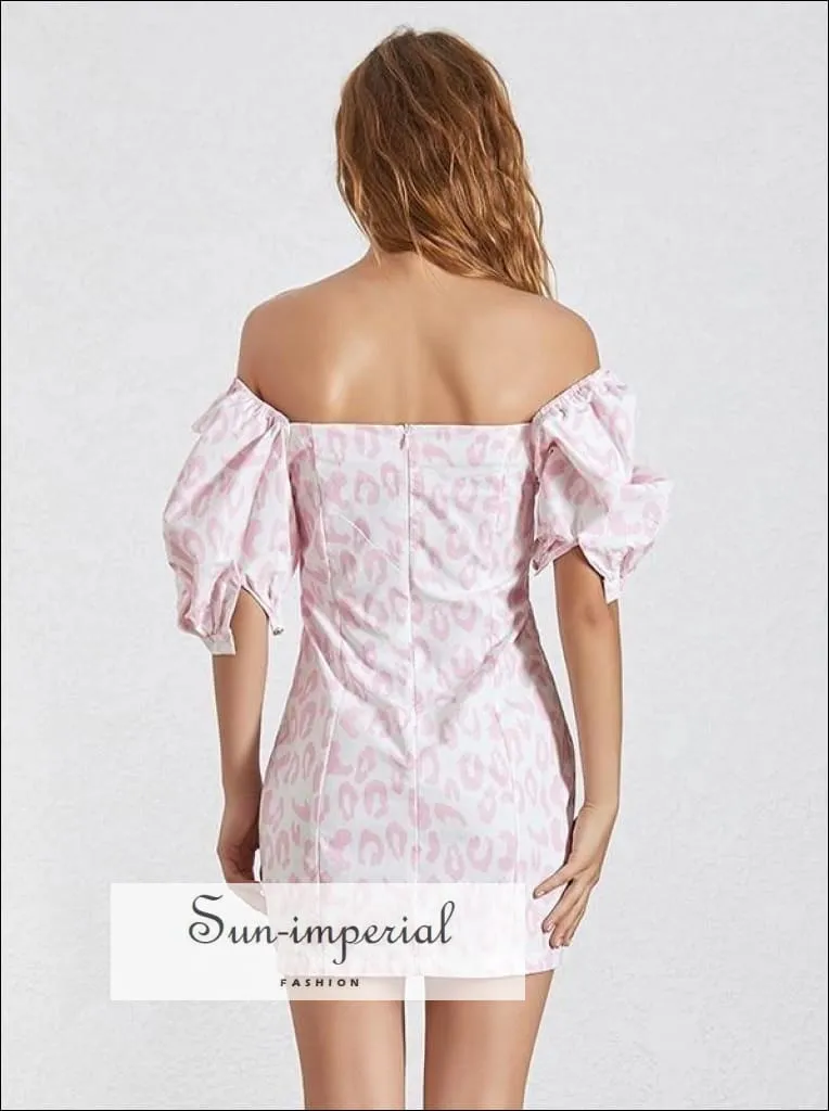 Avignon Dress - Pink Leopard Slim Square Collar Puff Sleeve off the Shoulder Bow Knot Mini Dresses