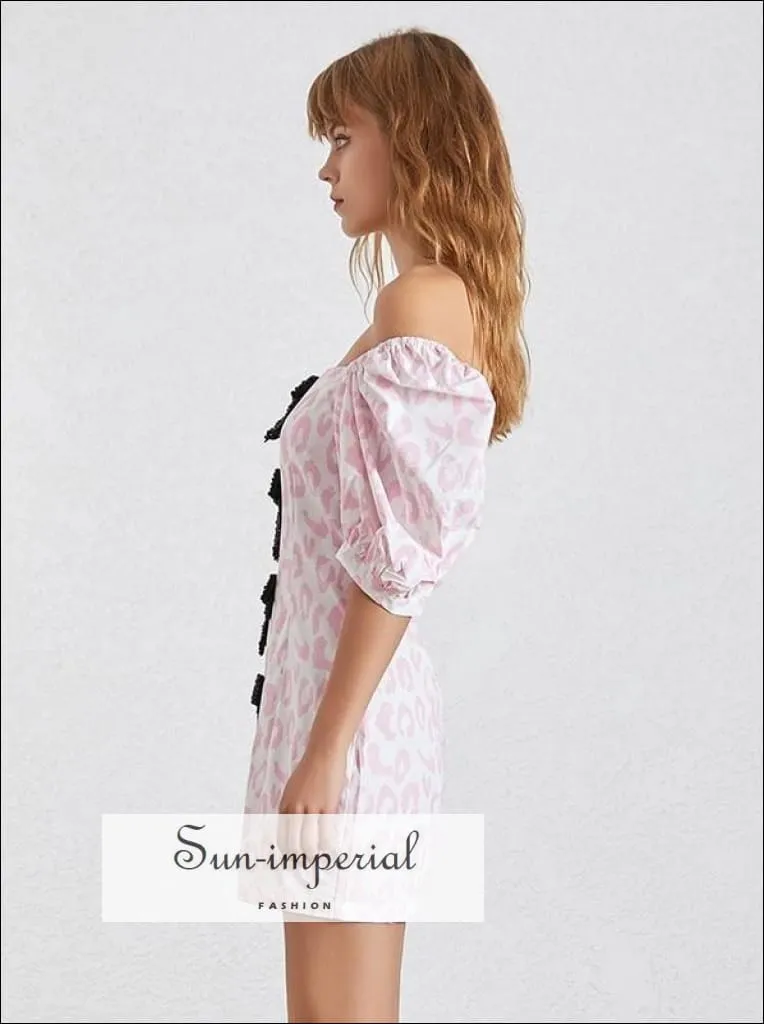 Avignon Dress - Pink Leopard Slim Square Collar Puff Sleeve off the Shoulder Bow Knot Mini Dresses