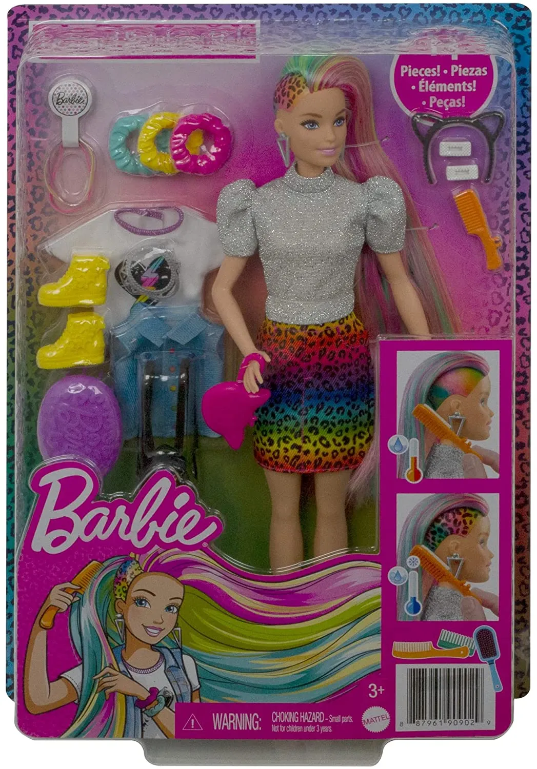 Barbie Leopard Rainbow Hair Doll With Color Change Hair Feature 16 Accessories