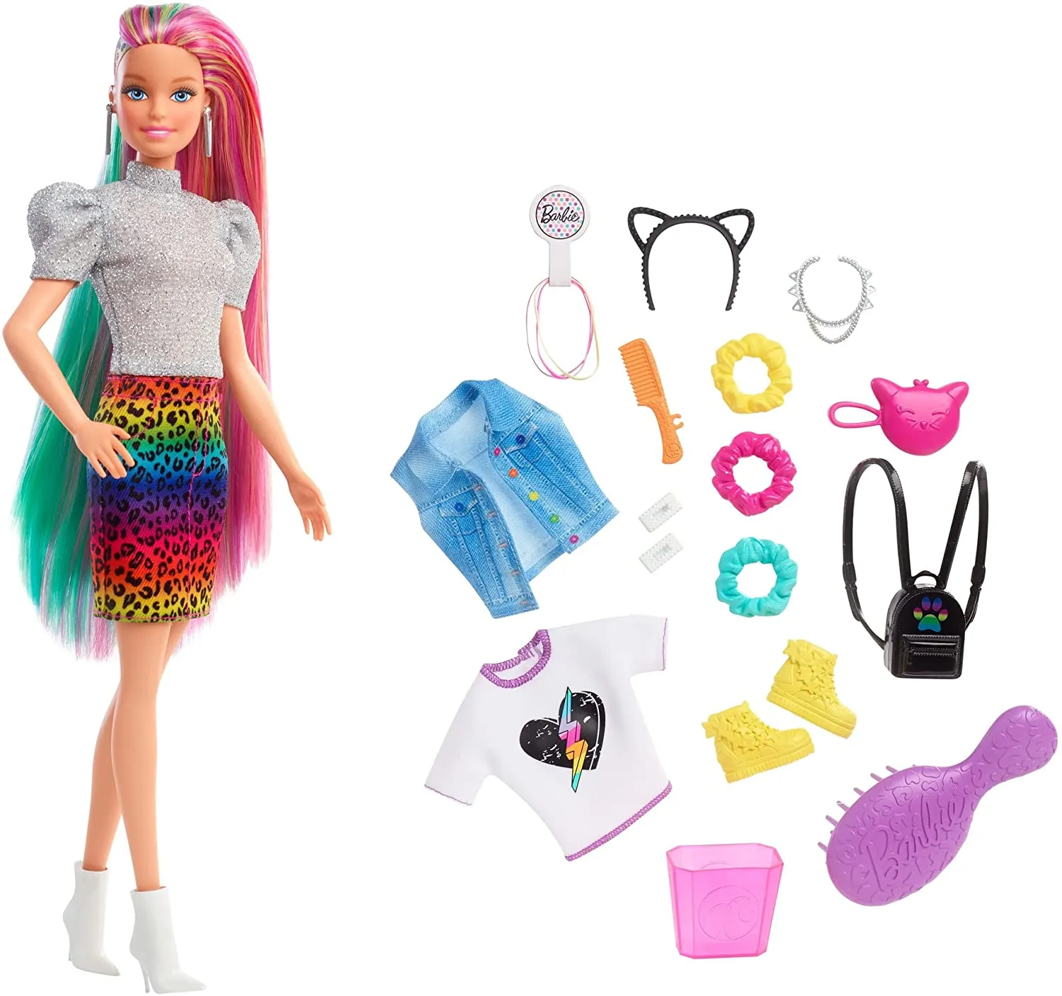 Barbie Leopard Rainbow Hair Doll With Color Change Hair Feature 16 Accessories