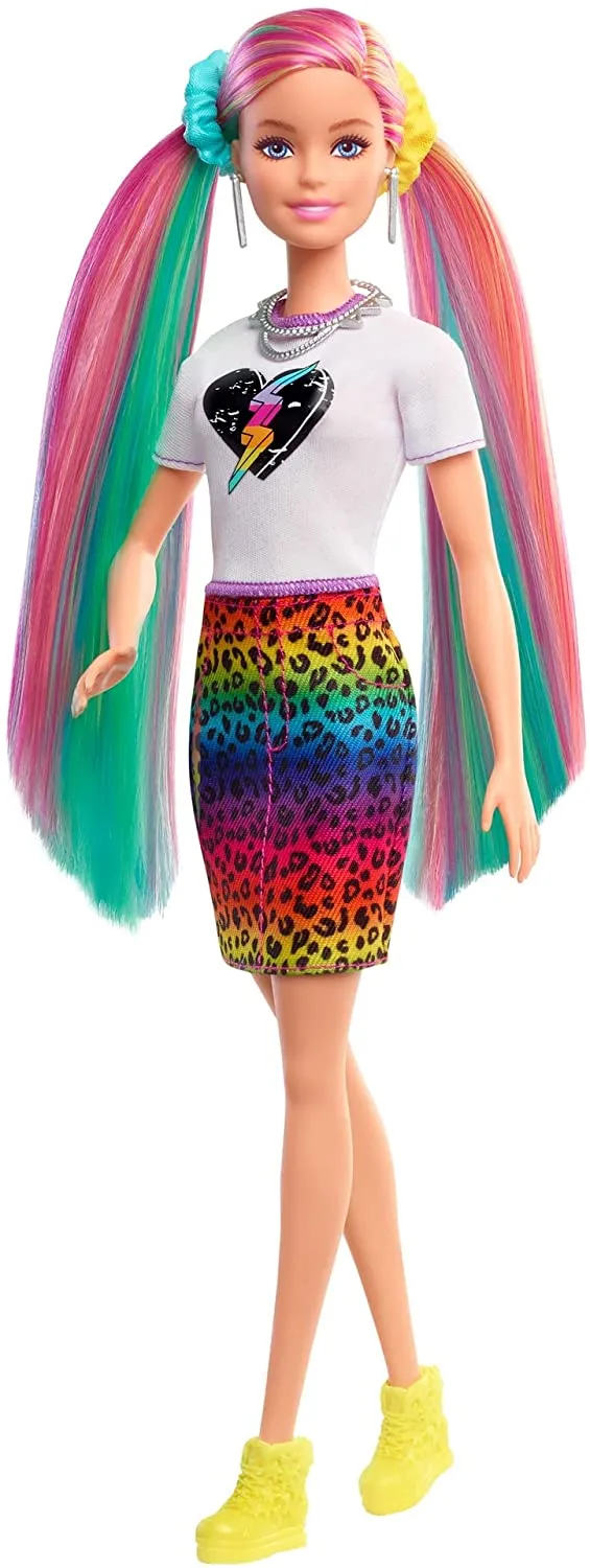 Barbie Leopard Rainbow Hair Doll With Color Change Hair Feature 16 Accessories