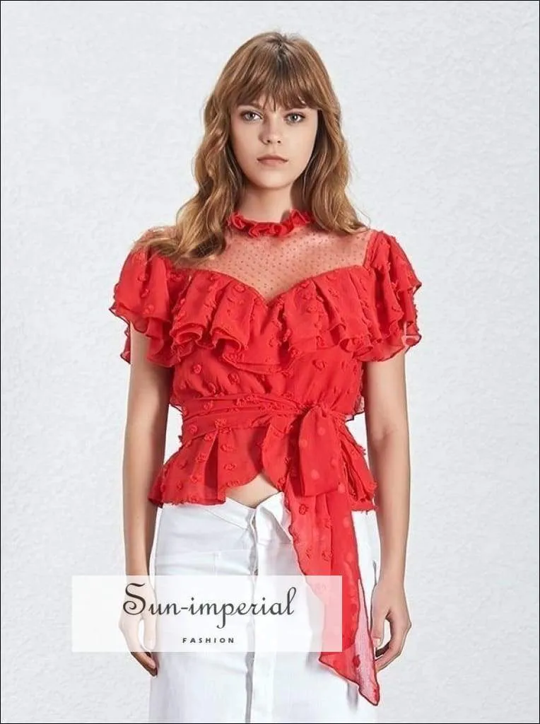 Becky top - Vintage Solid Chiffon Shirt for Women Short Sleeve Ruffles Asymmetrical Hem Polka Dot