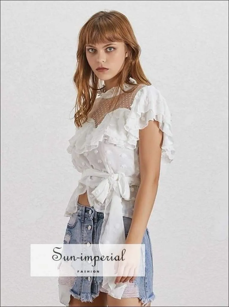 Becky top - Vintage Solid Chiffon Shirt for Women Short Sleeve Ruffles Asymmetrical Hem Polka Dot