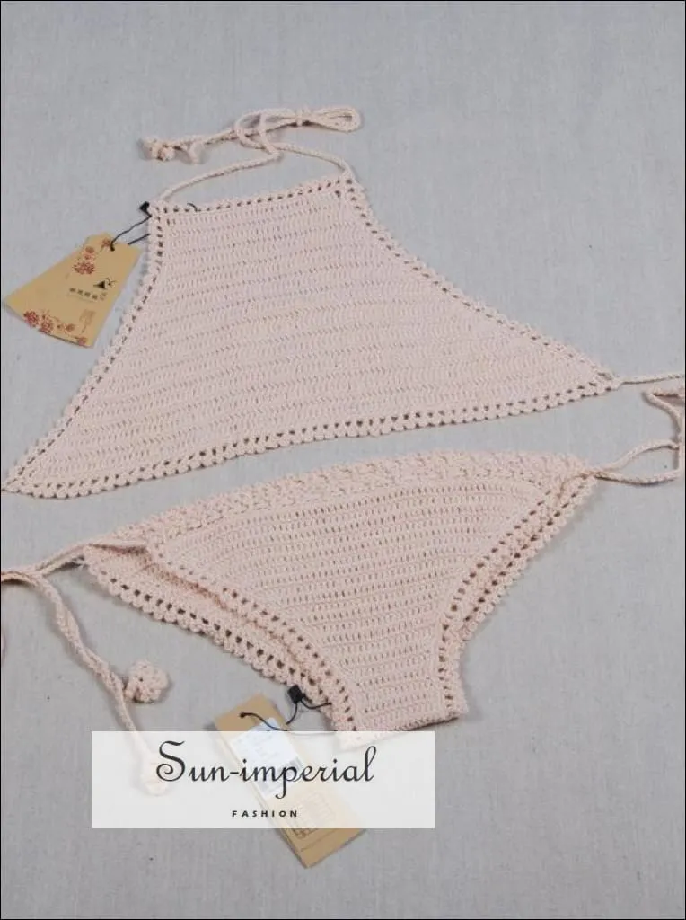 Beige Crochet Bikinis Sets Handmade Knitted Cotton Swimwear Swimsuit top   bottom