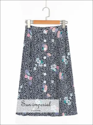 Black High Waist side Split Skirt Floral Print Center Buttons Slim Midi Skirt