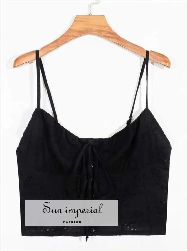 Black Lace Embroidery Buttoned Ruched Cami top