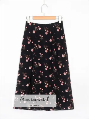 Black Vintage Chiffon Midi Skirt Pink Floral Print and front Slit