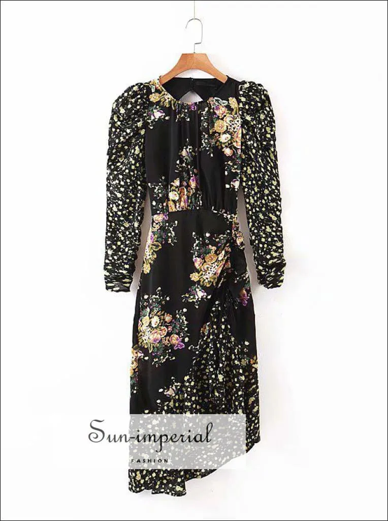 Black Vintage Floral Print Dress O Neck Cut out Chiffon Semi Sheer Sleeve Elegant Party Dress