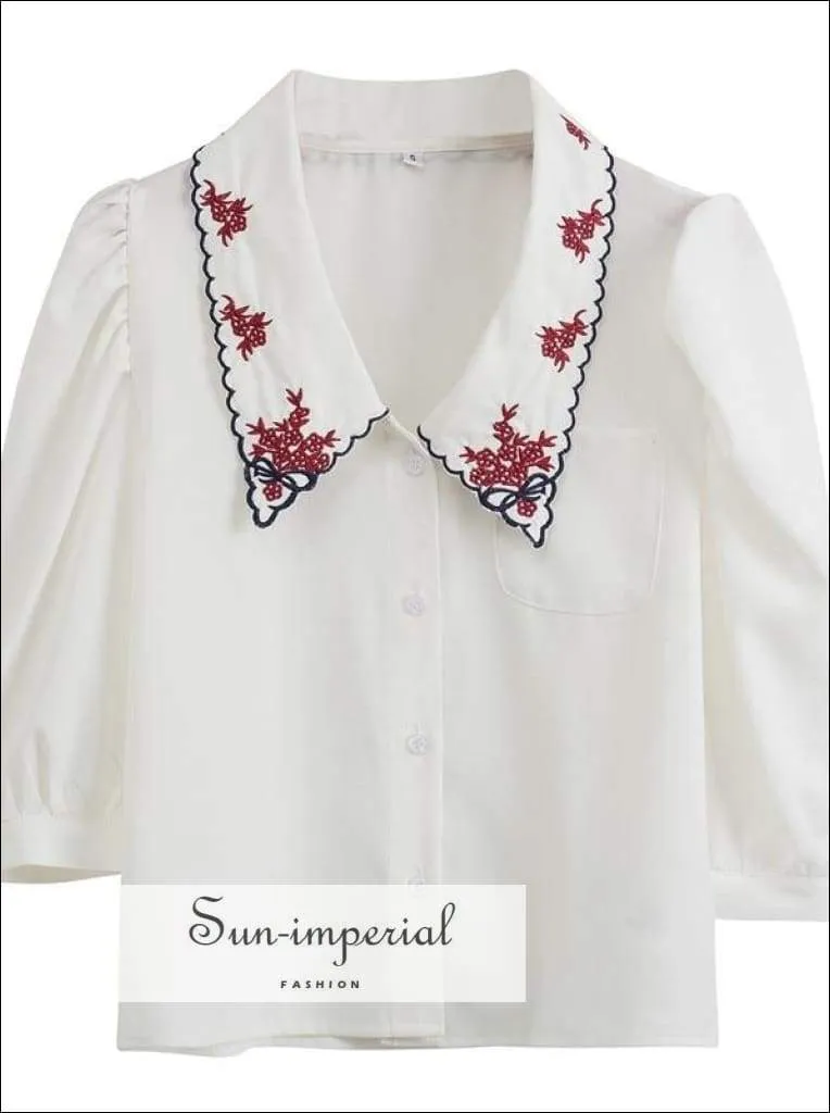 Black Women Buttoned Blouse with Red Embroidery Flower Printed Lapel Collar Single Pocket Retro 3/4