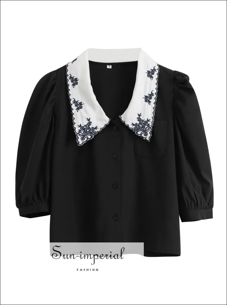 Black Women Buttoned Blouse with Red Embroidery Flower Printed Lapel Collar Single Pocket Retro 3/4