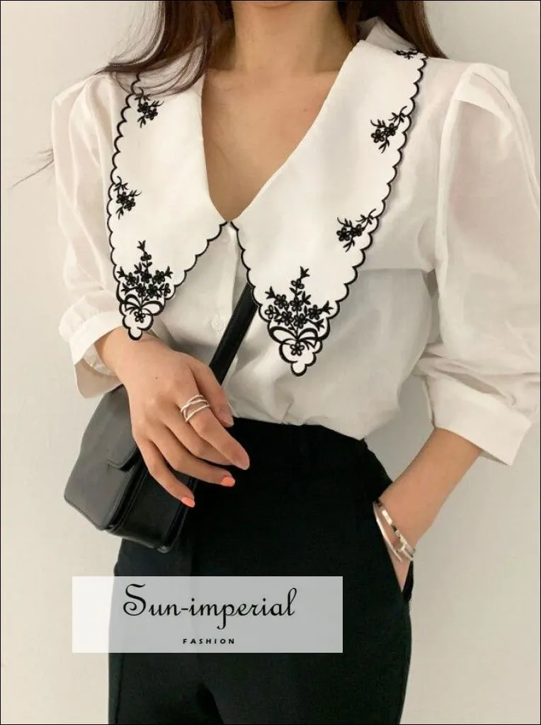 Black Women Buttoned Blouse with Red Embroidery Flower Printed Lapel Collar Single Pocket Retro 3/4