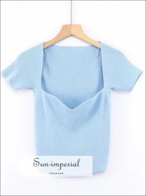 Blue Rib Knitted top Sweetheart Neck