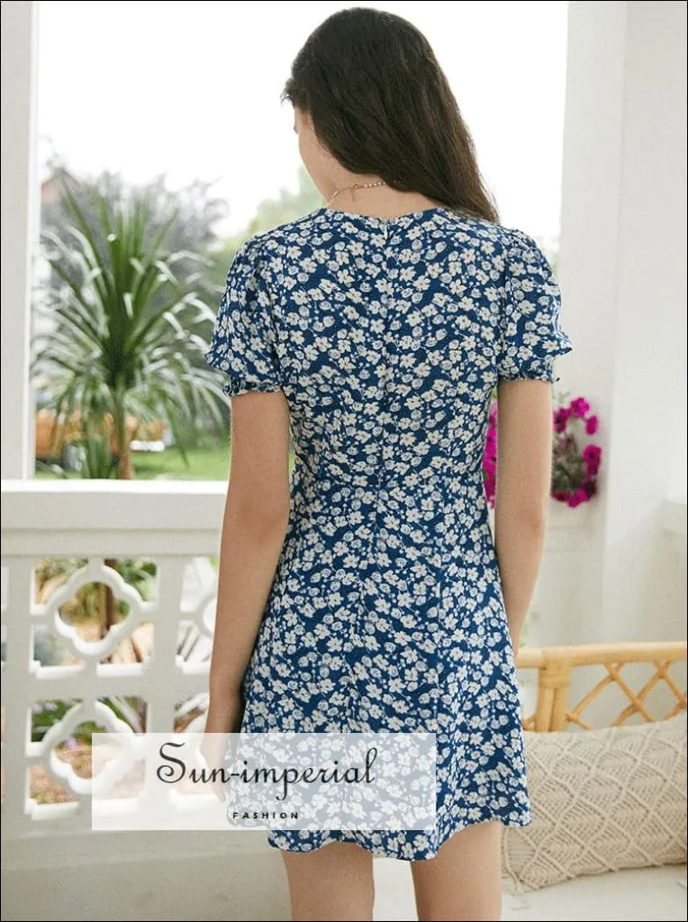 Blue Vintage Sweetheart Square Neckline white Floral Print Mini Dress with Short Puff Sleeve