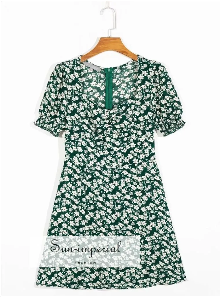 Blue Vintage Sweetheart Square Neckline white Floral Print Mini Dress with Short Puff Sleeve