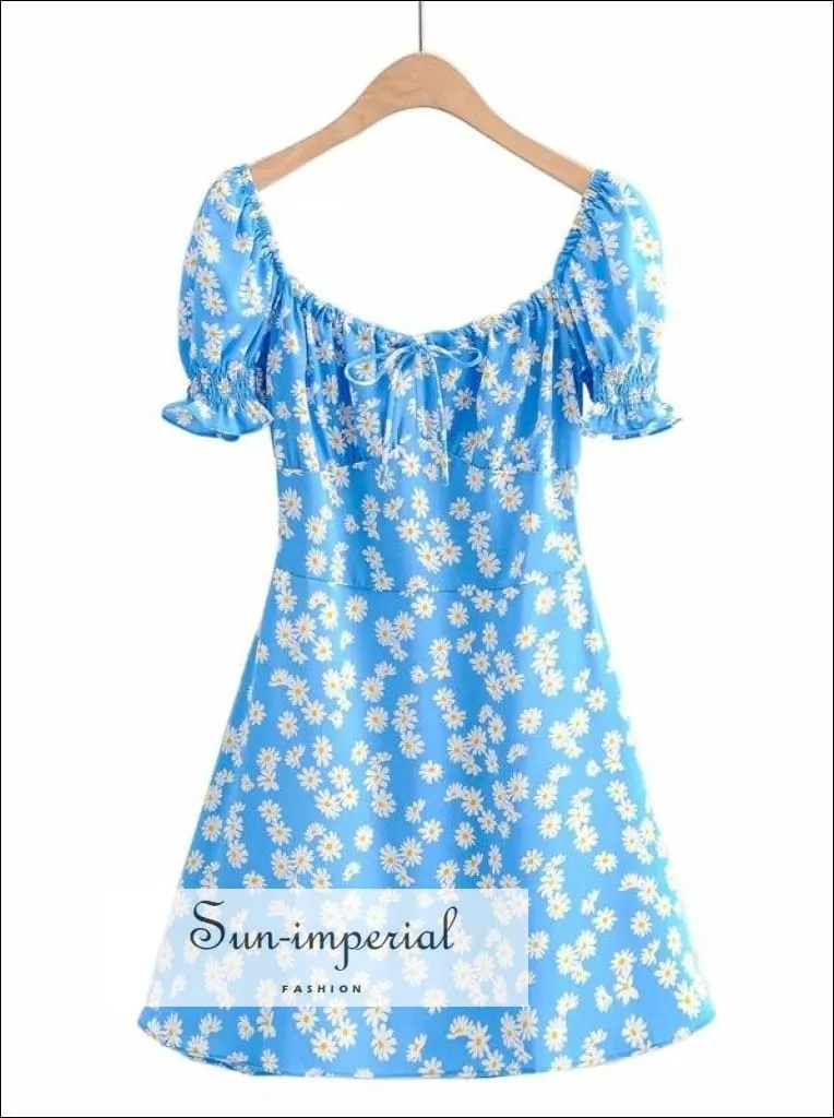 Blue - Women Square Neck Floral Print Mini Dress with Puff Sleeve