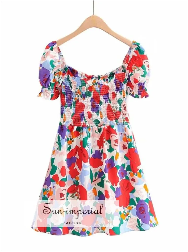 Blue - Women Square Neck Floral Print Mini Dress with Puff Sleeve