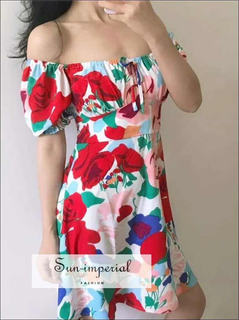 Blue - Women Square Neck Floral Print Mini Dress with Puff Sleeve