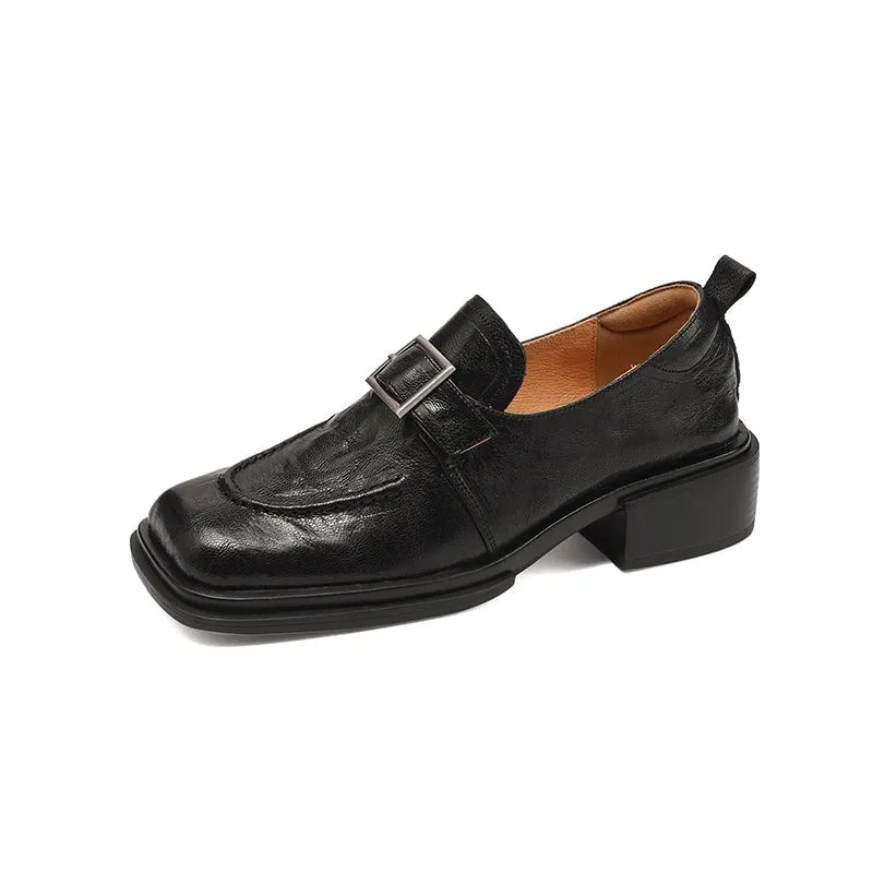 British Style Sheepskin Loafers for Women with Metal Buckle Square Toe in Black/Wine Red/Brown