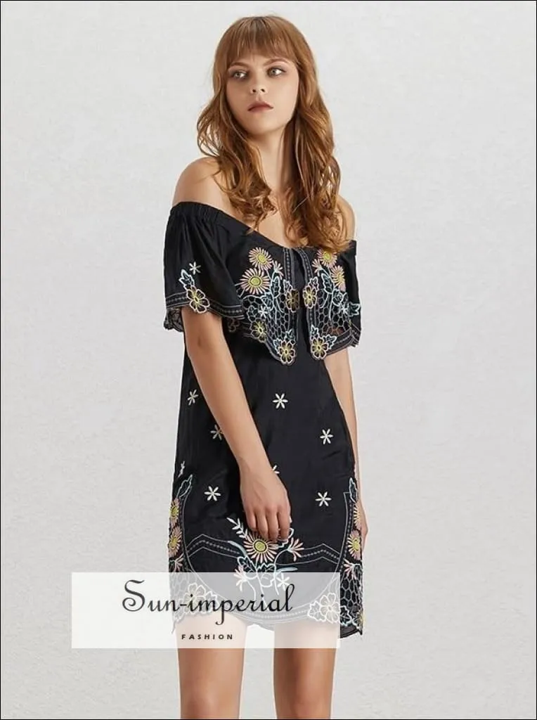 Butterfly Dress- Summer Flower Embroidery Women Dress off Shoulder Slash Neck Short Sleeve High