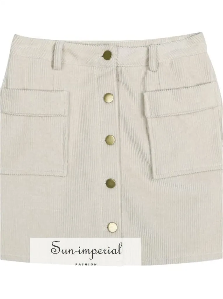 Button front High Waist Corduroy Skirt with Pockets A-line Women Short Mini Skirt