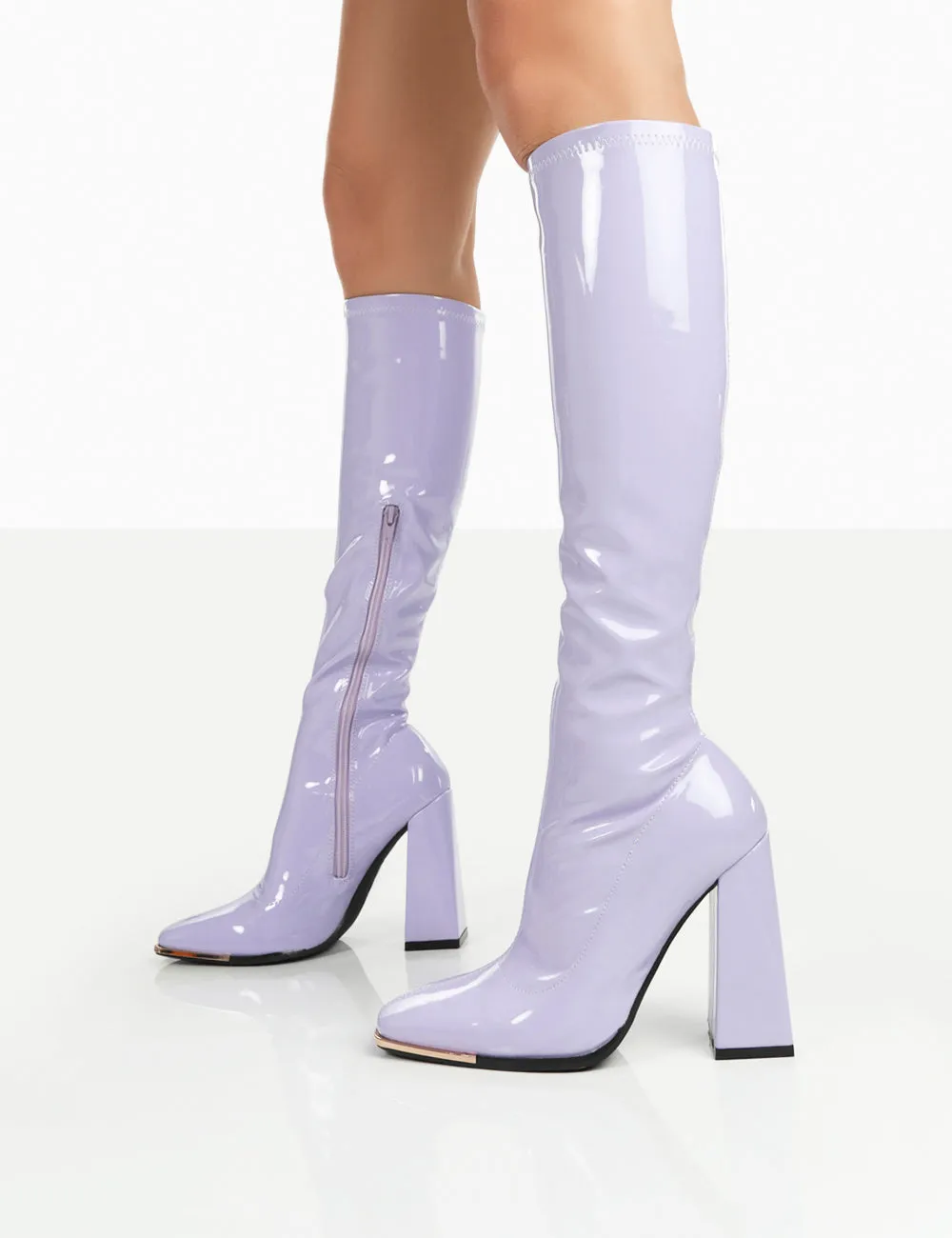 Caryn Lilac Patent Knee High Block Heeled Boots