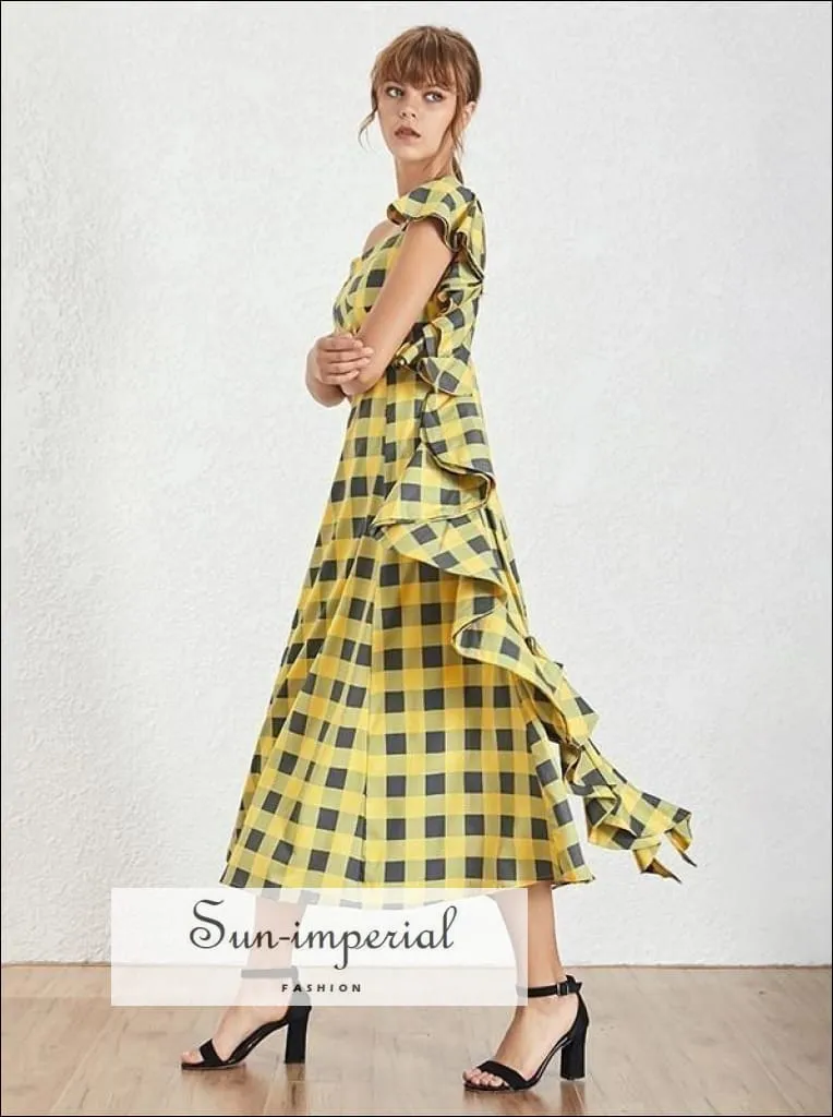 Cenon Dress - Yellow Plaid Sleeveless Asymmetrical Maxi Dress One Shoulder High Waist Ruffles Plaid