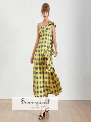 Cenon Dress - Yellow Plaid Sleeveless Asymmetrical Maxi Dress One Shoulder High Waist Ruffles Plaid