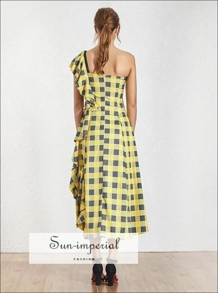 Cenon Dress - Yellow Plaid Sleeveless Asymmetrical Maxi Dress One Shoulder High Waist Ruffles Plaid