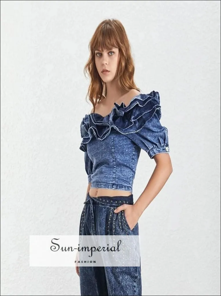 Charley top - Denim Shirts top Female Square Collar Ruffle Patchwork Short Sleeve Short Shirt