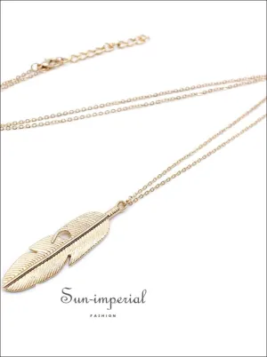 Classic Feather Pendant Necklace Long Chain Statement Necklace for Women