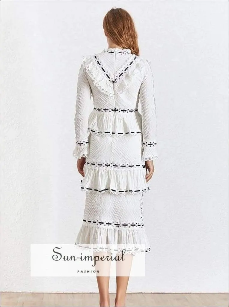 Colina Dress - Vintage Print Women Dress Stand Collar Flare Sleeve High Waist Lace Slim Midi