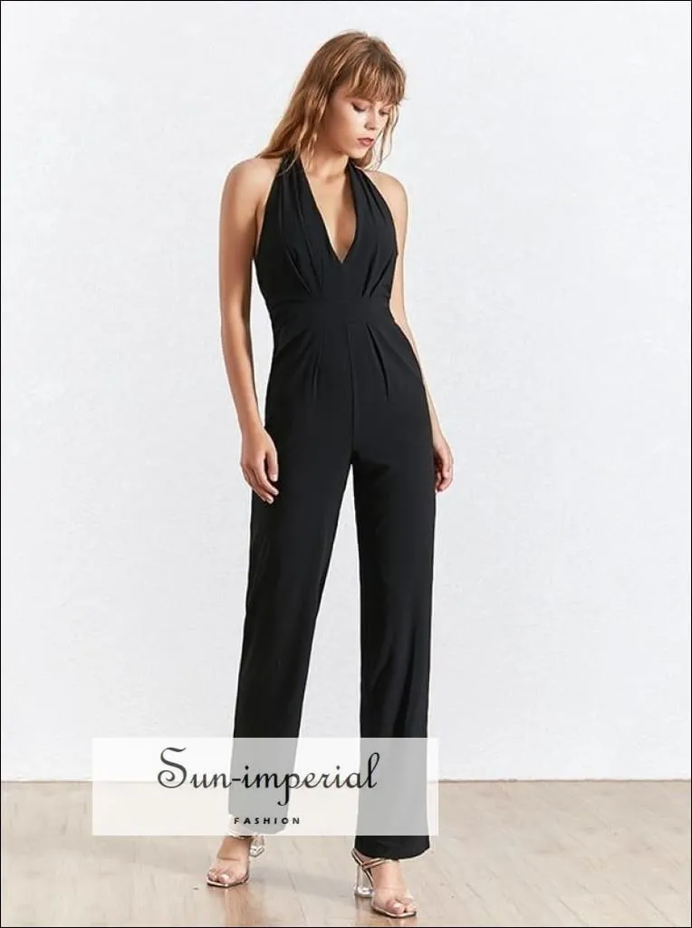 Dole Jumpsuit - Women Jumpsuit V Neck Halter Sleeveless High Waist Backless Wide Leg Pants