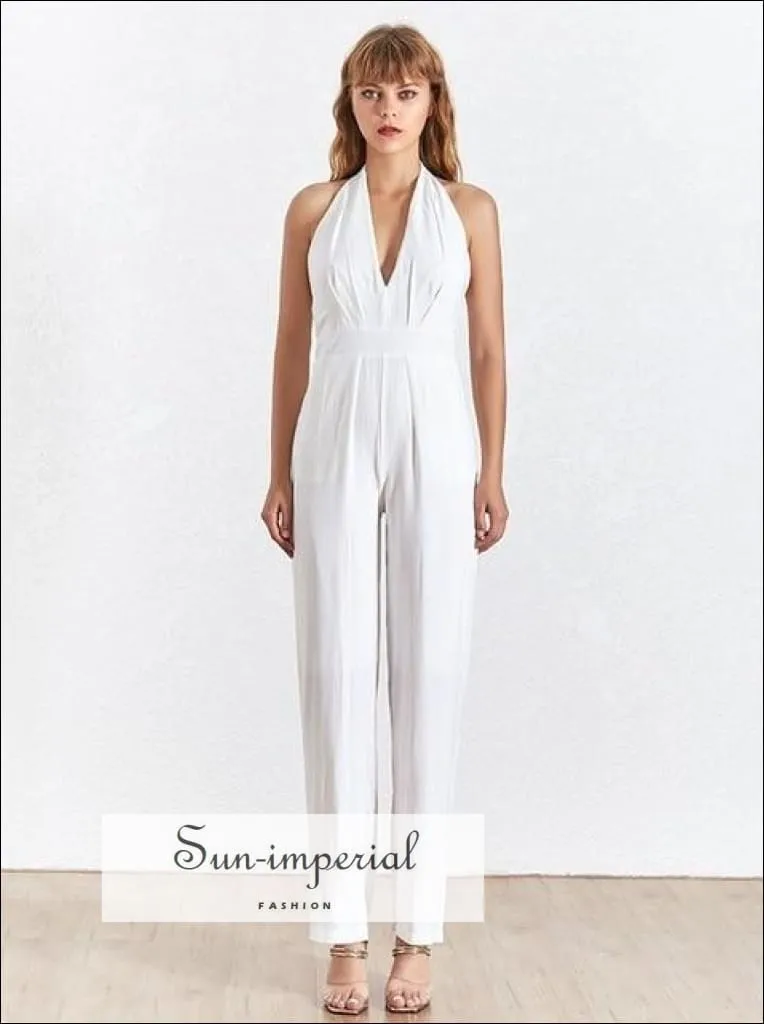 Dole Jumpsuit - Women Jumpsuit V Neck Halter Sleeveless High Waist Backless Wide Leg Pants