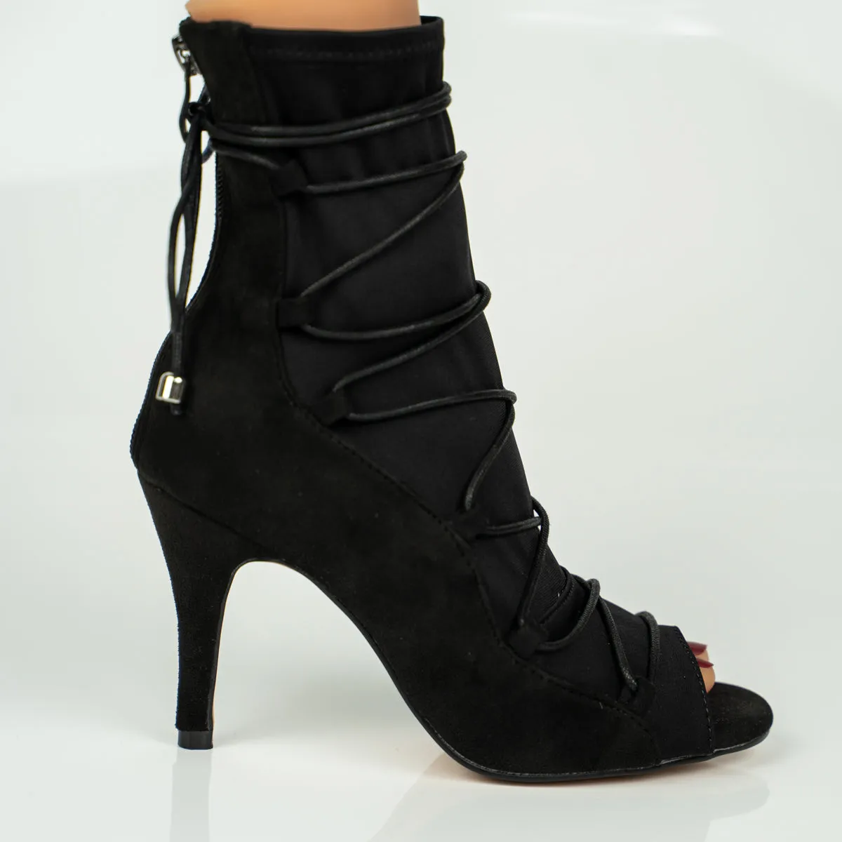 Eva Black Open Toe Lace Up Sock Bootie Dance Shoes