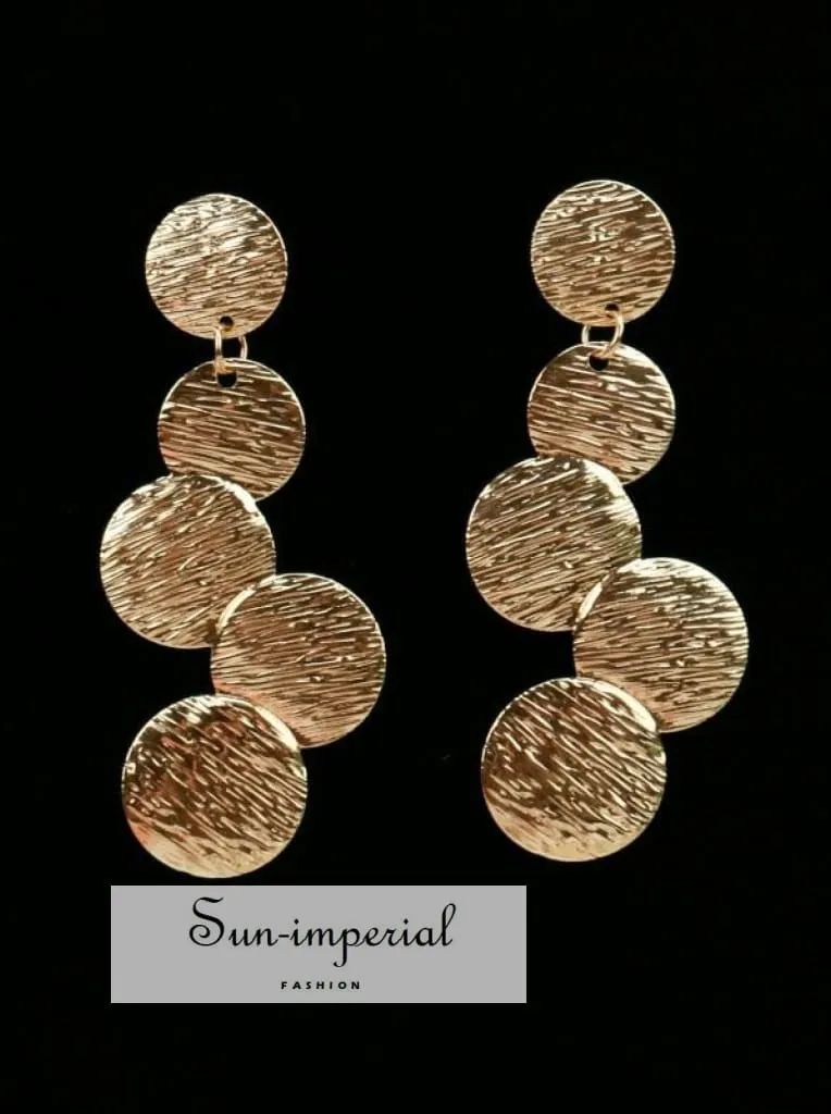 Exaggerated Disc Round Coin Drop Earring for Women Vintage Long Uneven Drawing Wafer Metal Earrings