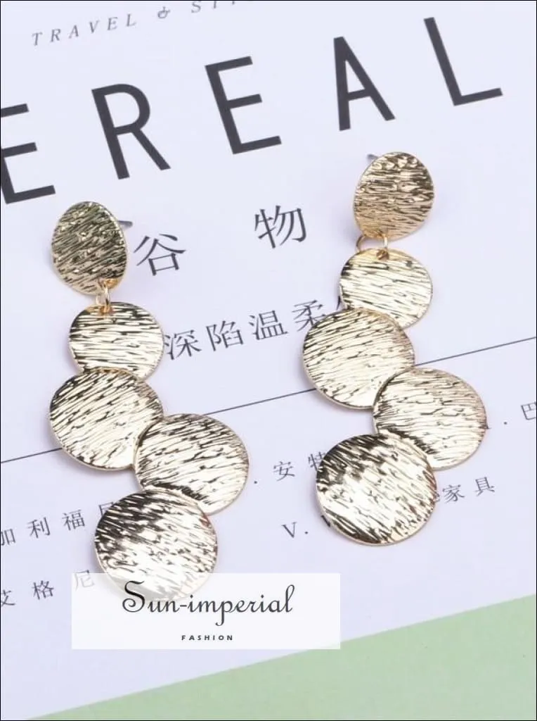 Exaggerated Disc Round Coin Drop Earring for Women Vintage Long Uneven Drawing Wafer Metal Earrings