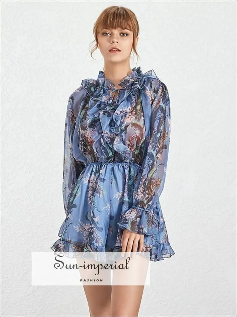 Fern Jumpsuit - Casual Floral Print Women's Jumpsuit V Neck Long Flare Sleeve High Waist Loose