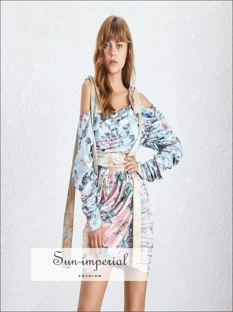 Florida Dress- Floral Print Asymmetrical Mini Dress Long Sleeve Ruched Slim Mini Dress