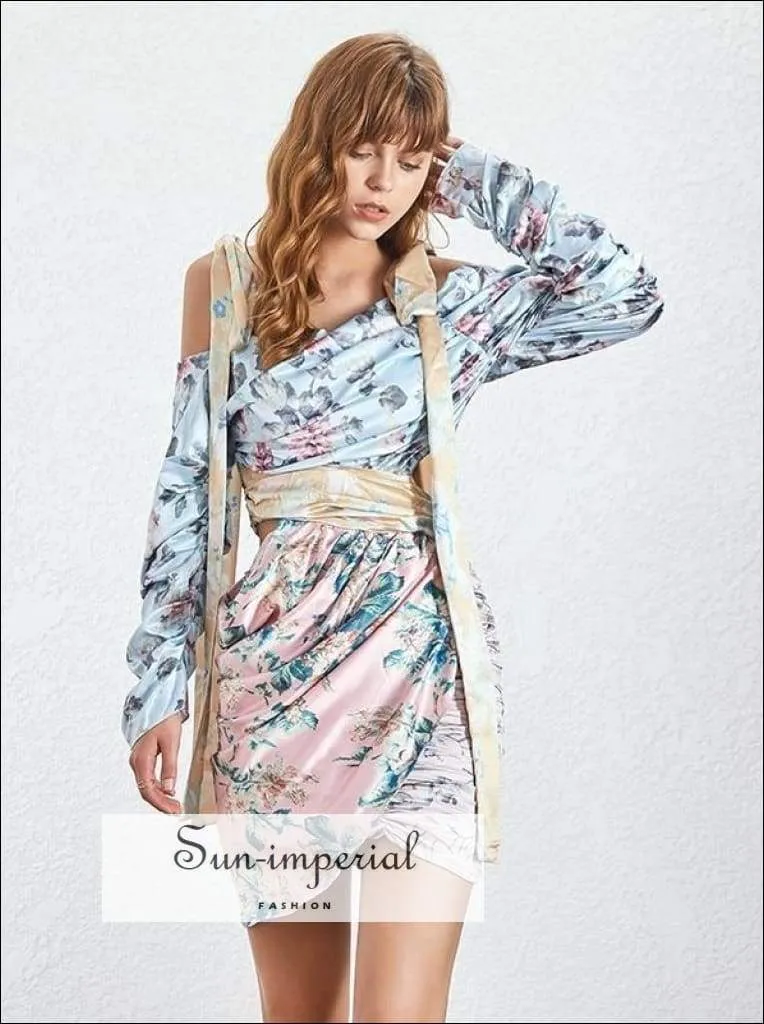 Florida Dress- Floral Print Asymmetrical Mini Dress Long Sleeve Ruched Slim Mini Dress