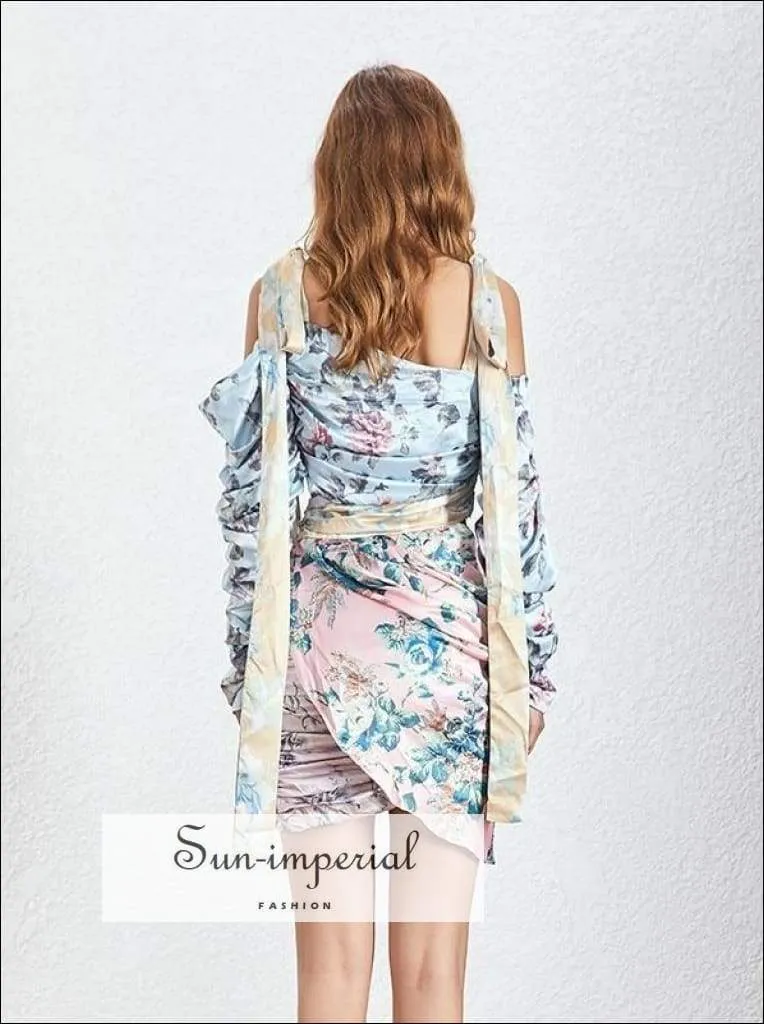 Florida Dress- Floral Print Asymmetrical Mini Dress Long Sleeve Ruched Slim Mini Dress