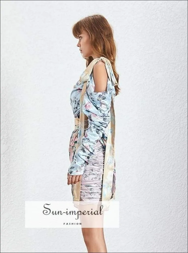 Florida Dress- Floral Print Asymmetrical Mini Dress Long Sleeve Ruched Slim Mini Dress