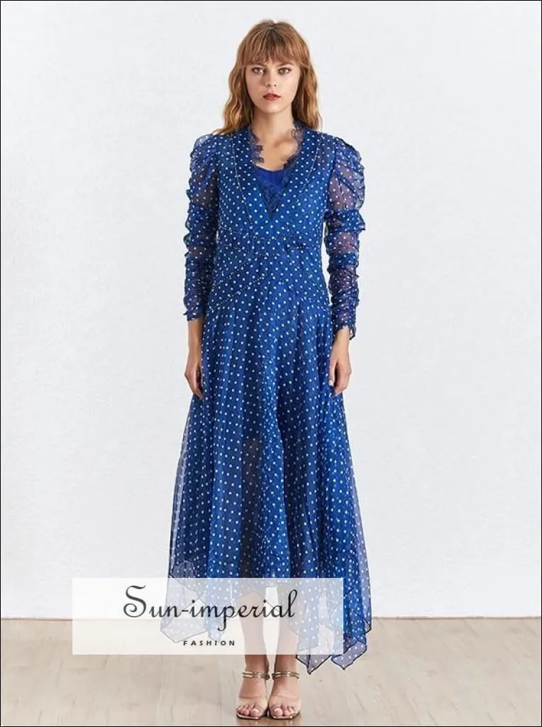 Fort-de-france Dress - Polka Dot Dress for Women V Neck Patchwork Lace Long Sleeve High Waist Long